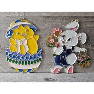 VTG 9.5" Plastic Sun Catcher Easter Bunny & Chick In Egg Ornaments Lot 2 1990s